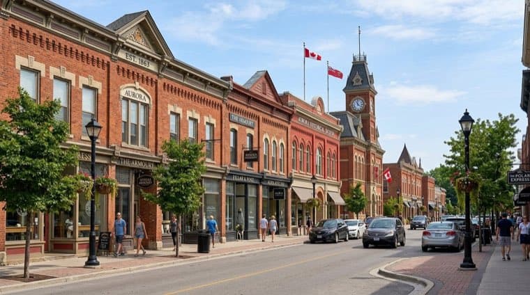 Heritage brick storefronts on Yonge Street in historic downtown Aurora, Ontario.