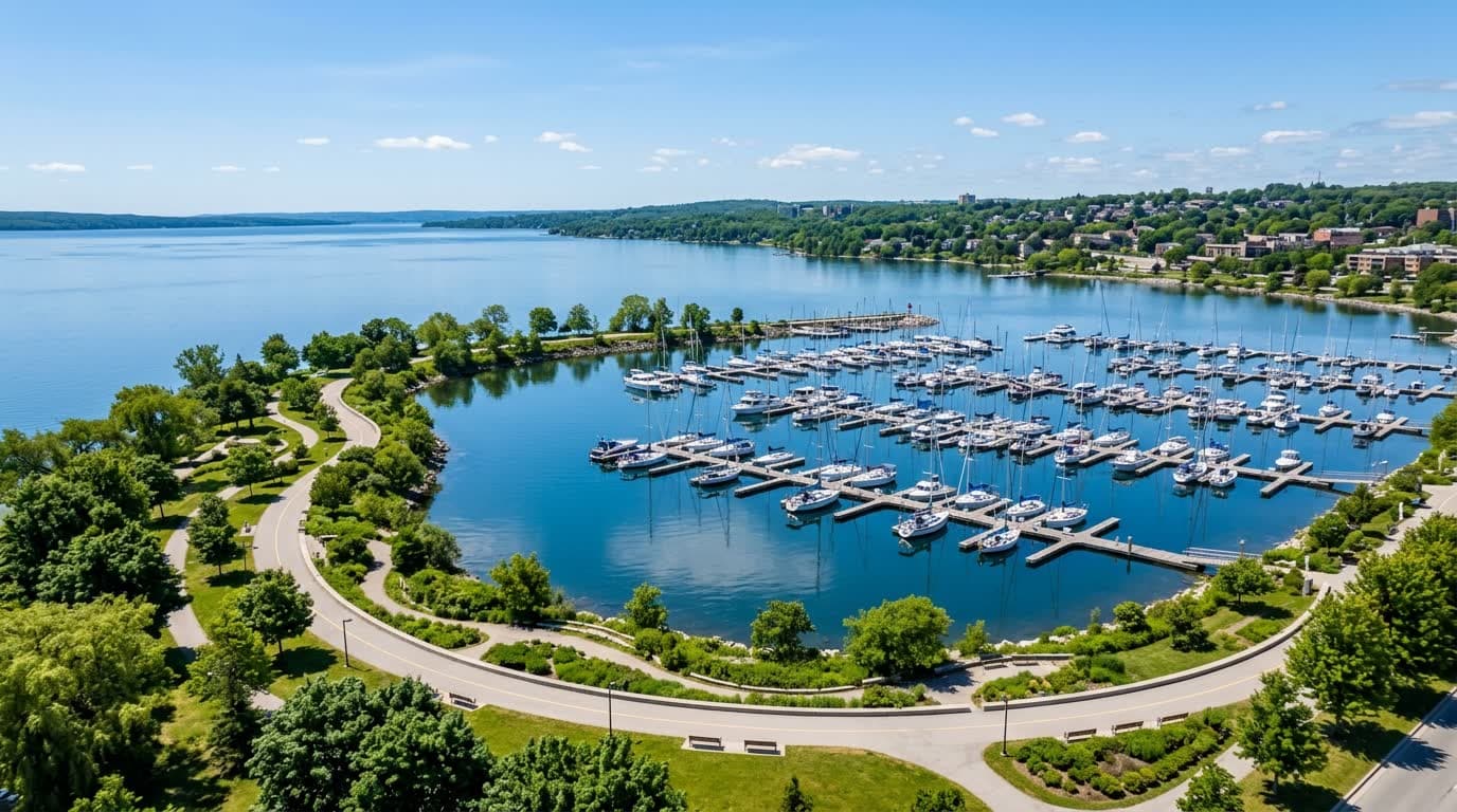 Barrie, Ontario, from above — the waterfront park and marina on Kempenfelt Bay.