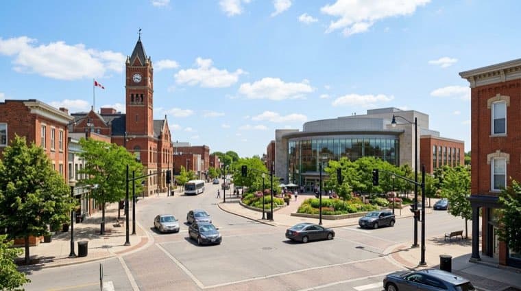 Downtown Brampton, Ontario, at the Four Corners with the city’s historic clock tower.