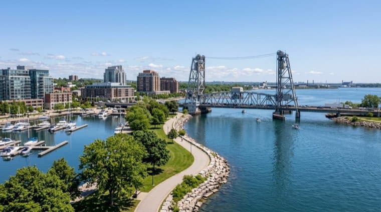 The Burlington Canal Lift Bridge and the Burlington waterfront on Lake Ontario.