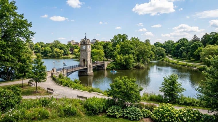 The clock tower and lake in Victoria Park, Kitchener, Ontario.