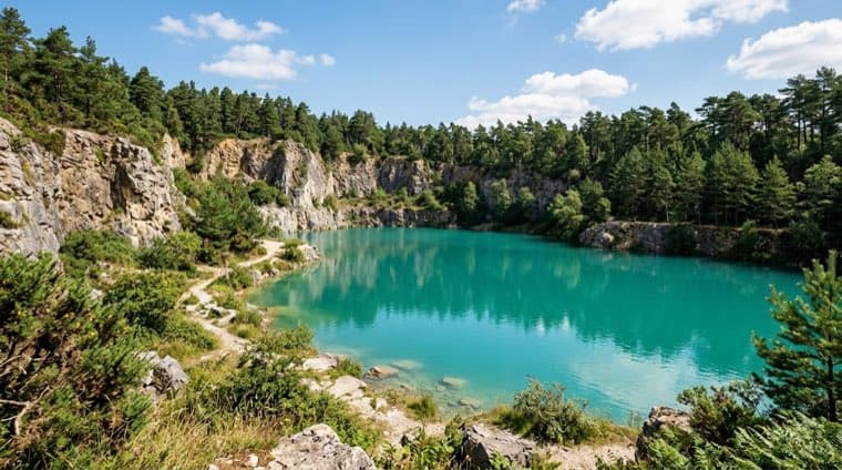 The turquoise quarry lake below the Niagara Escarpment near Milton, Ontario.
