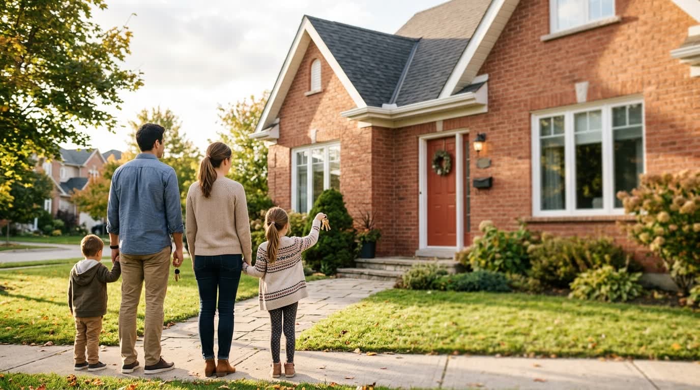 Two adults and two children on the front walk of a red-brick house, seen from behind, the youngest holding the keys up — the end of a purchase run in Gujarati, Hindi or English.