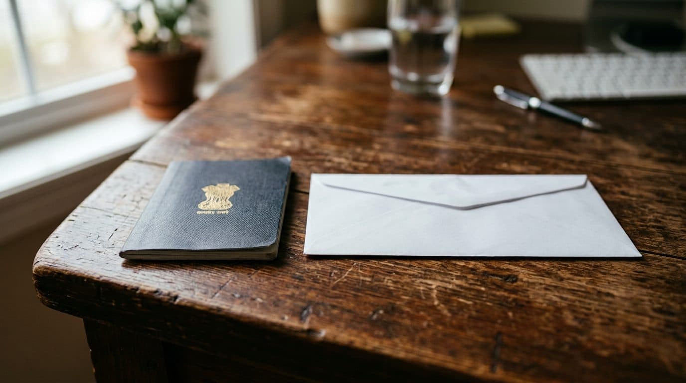 An Indian passport beside a Canadian bank envelope on a wooden desk.