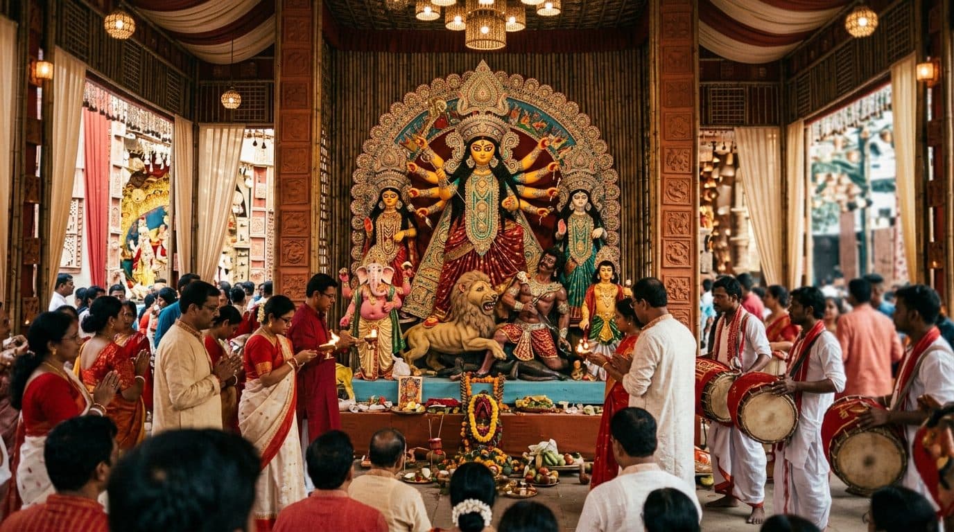 A decorated Durga Puja pandal with the Durga idol and gathered community.