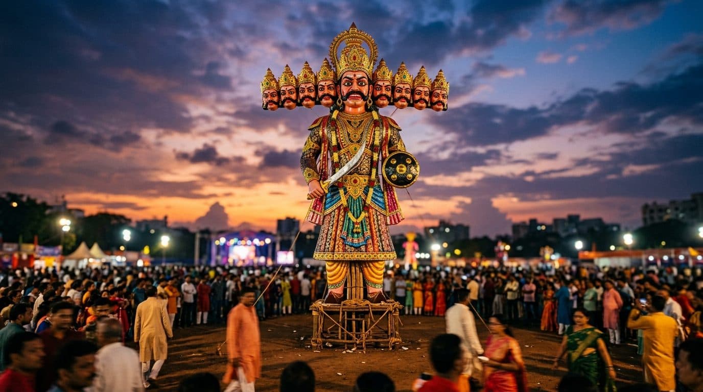 A towering Ravana effigy against an evening sky before the Dussehra burning.