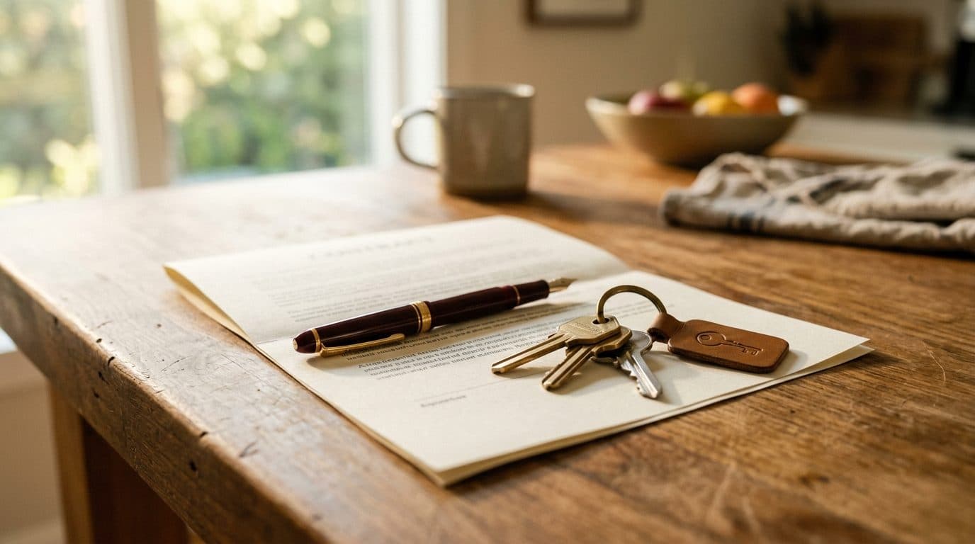 New house keys and a fountain pen resting on a signed agreement on a kitchen island.