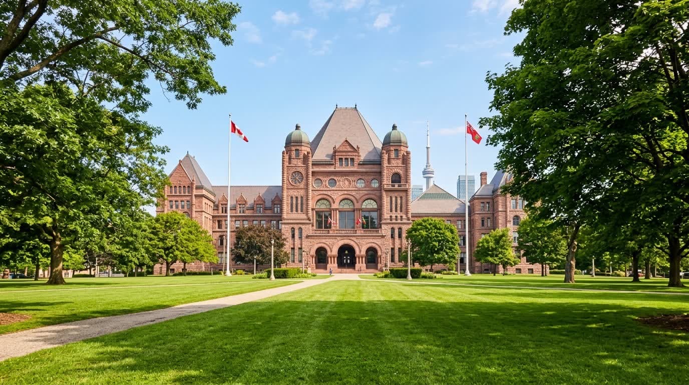 The Ontario Legislative Building at Queen’s Park in Toronto, seen across its lawn on a clear summer day.
