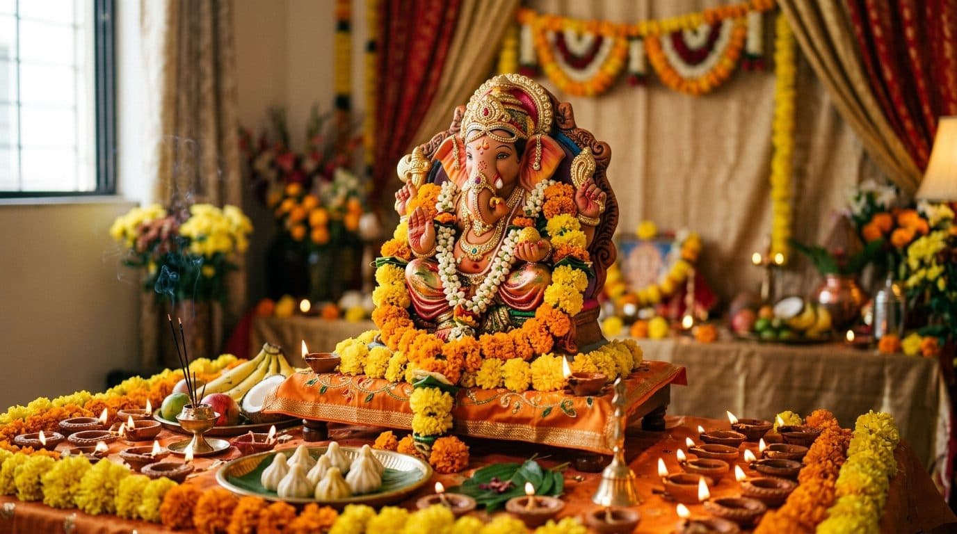 A Ganesh idol decorated with marigolds and lamps on a home altar for Ganesh Chaturthi.