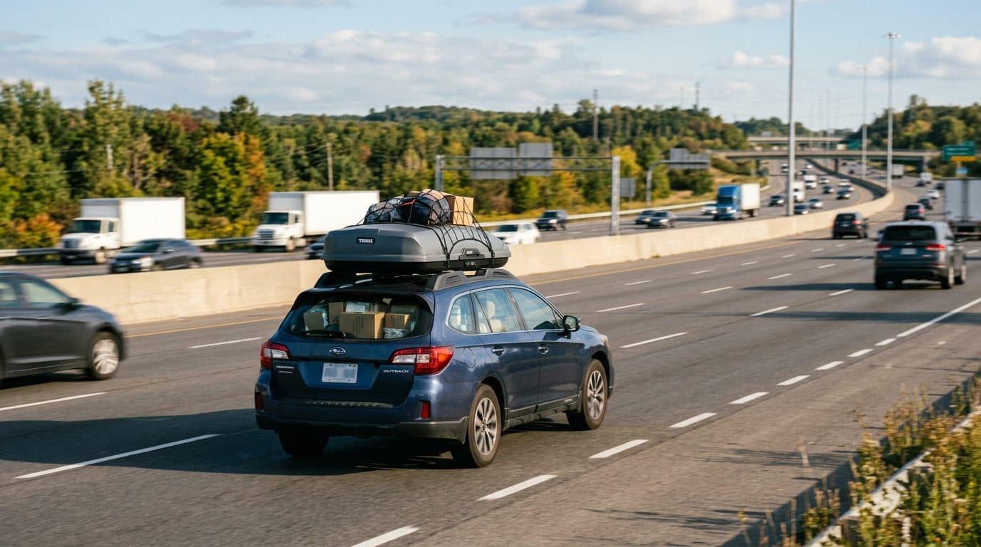 A car loaded with moving boxes and a roof box on an Ontario highway.