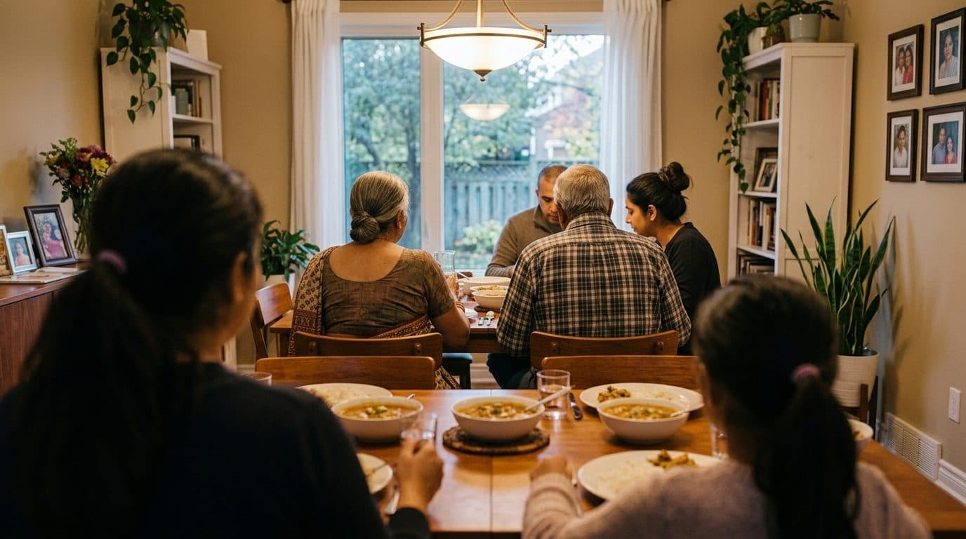 Three generations of an Indian-Canadian family at a dining table in a suburban home.