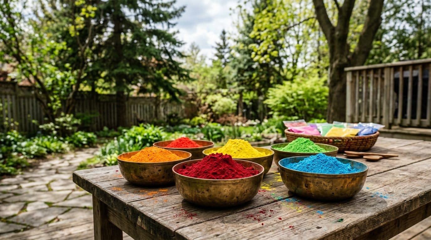 Brass bowls of bright coloured gulal powder on a wooden table in a Canadian backyard at Holi.