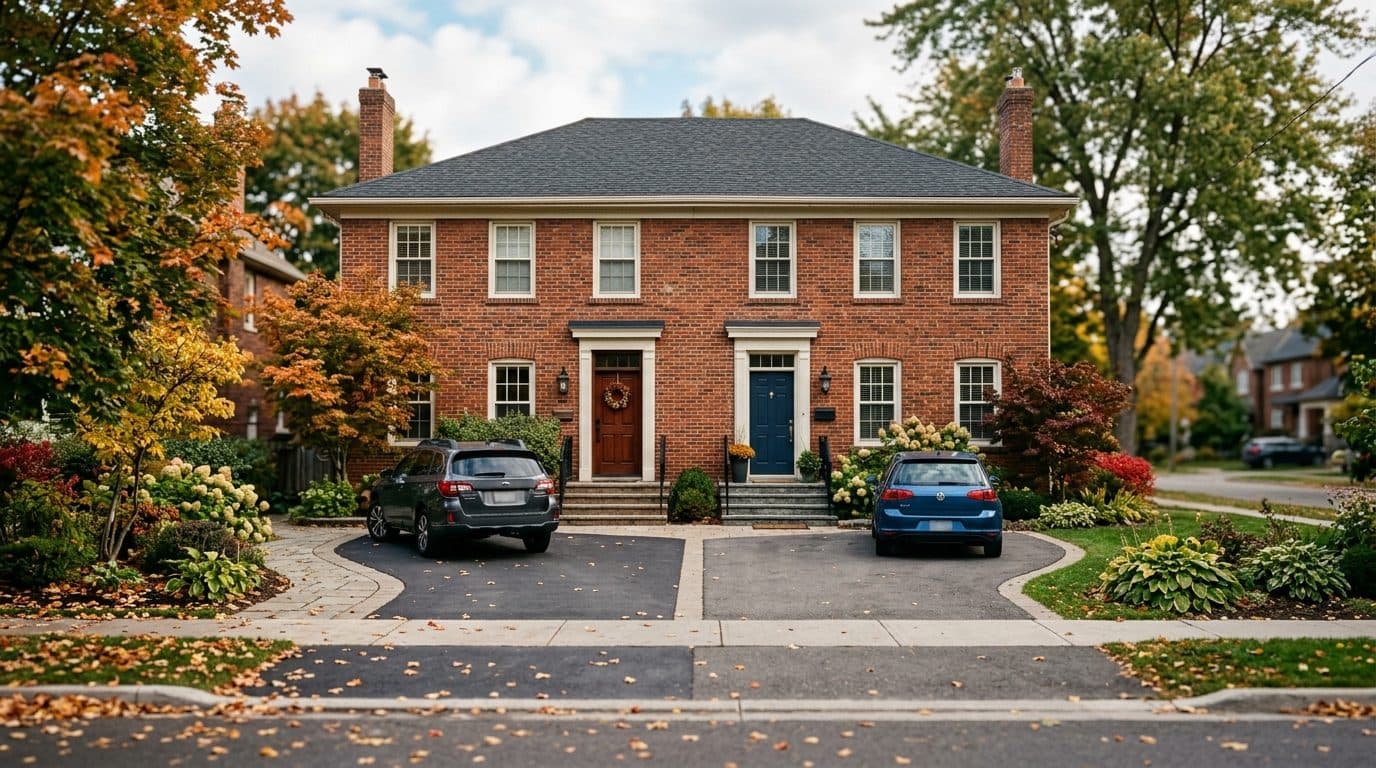 An Ontario brick house with two separate front doors and two driveways.