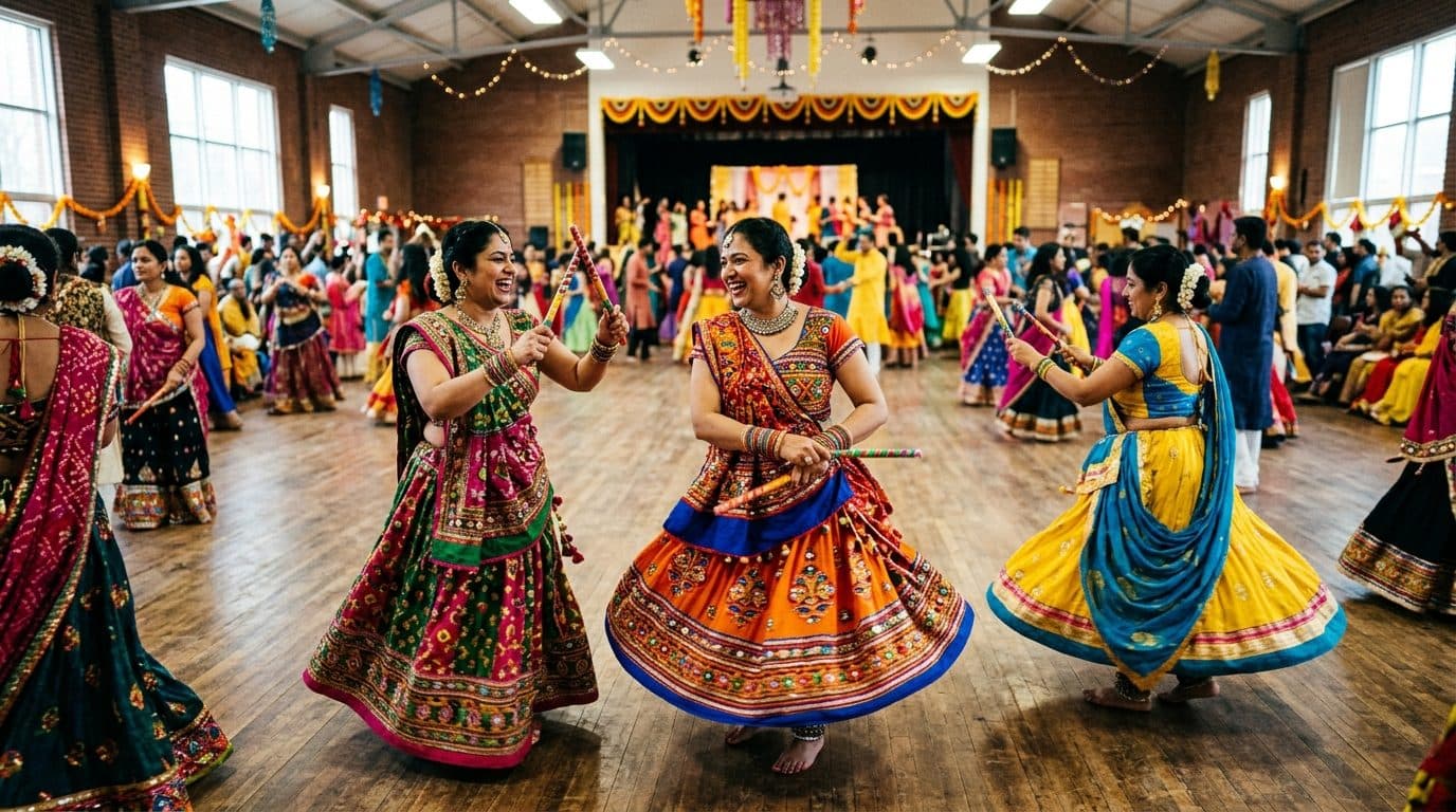 Women in chaniya choli dancing garba in a Toronto community hall during Navratri.