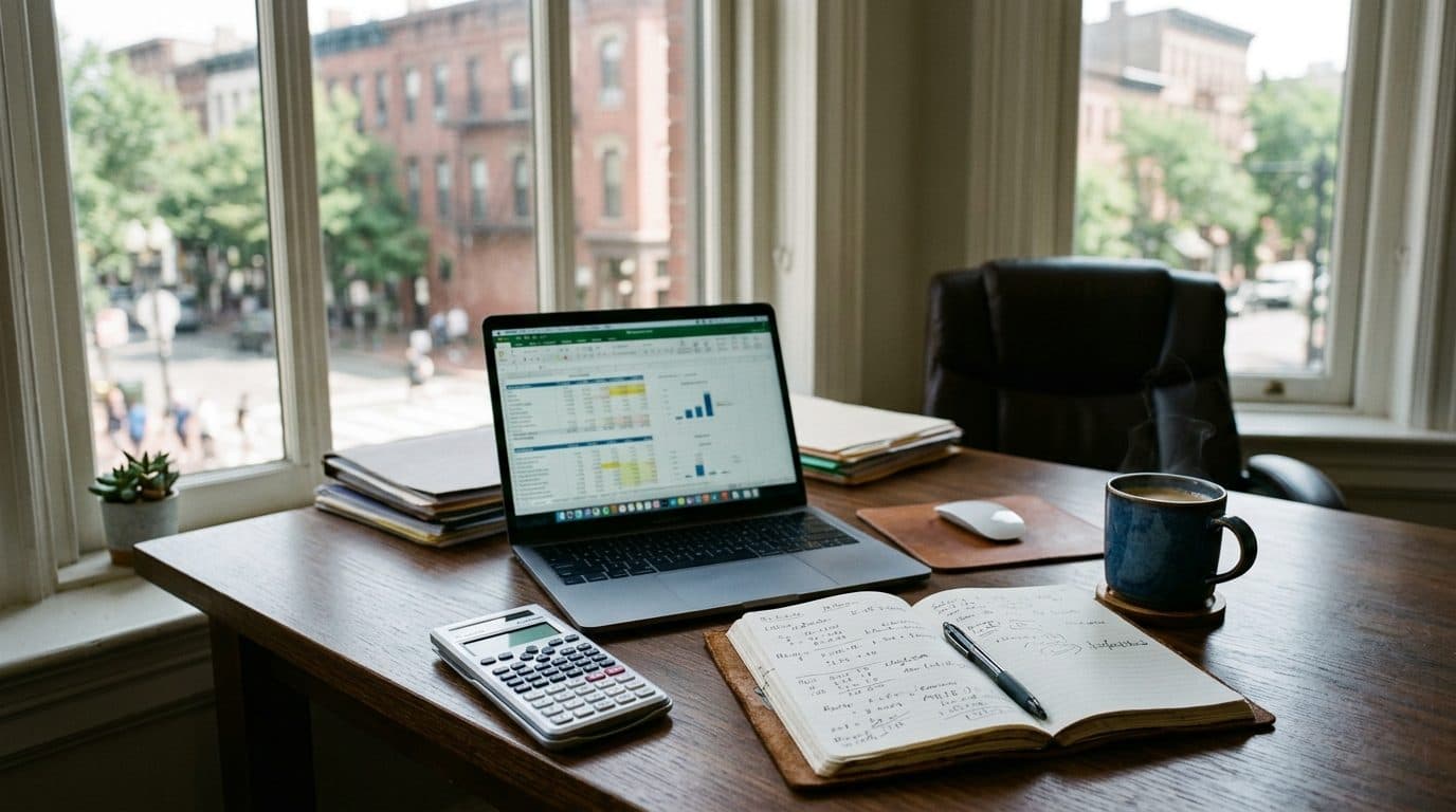 A mortgage broker’s desk by a window with a laptop, calculator and notepad.
