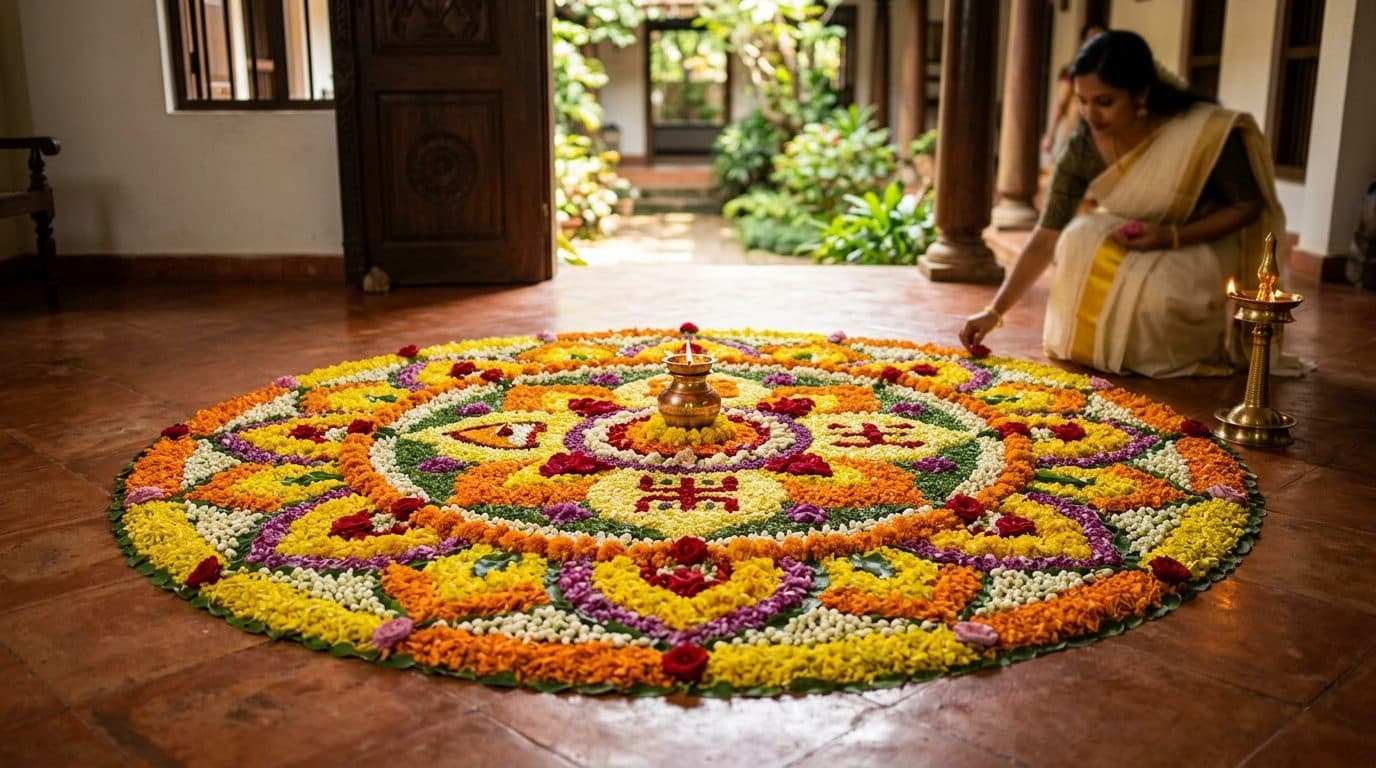 A circular pookalam flower carpet laid on a floor for Onam.