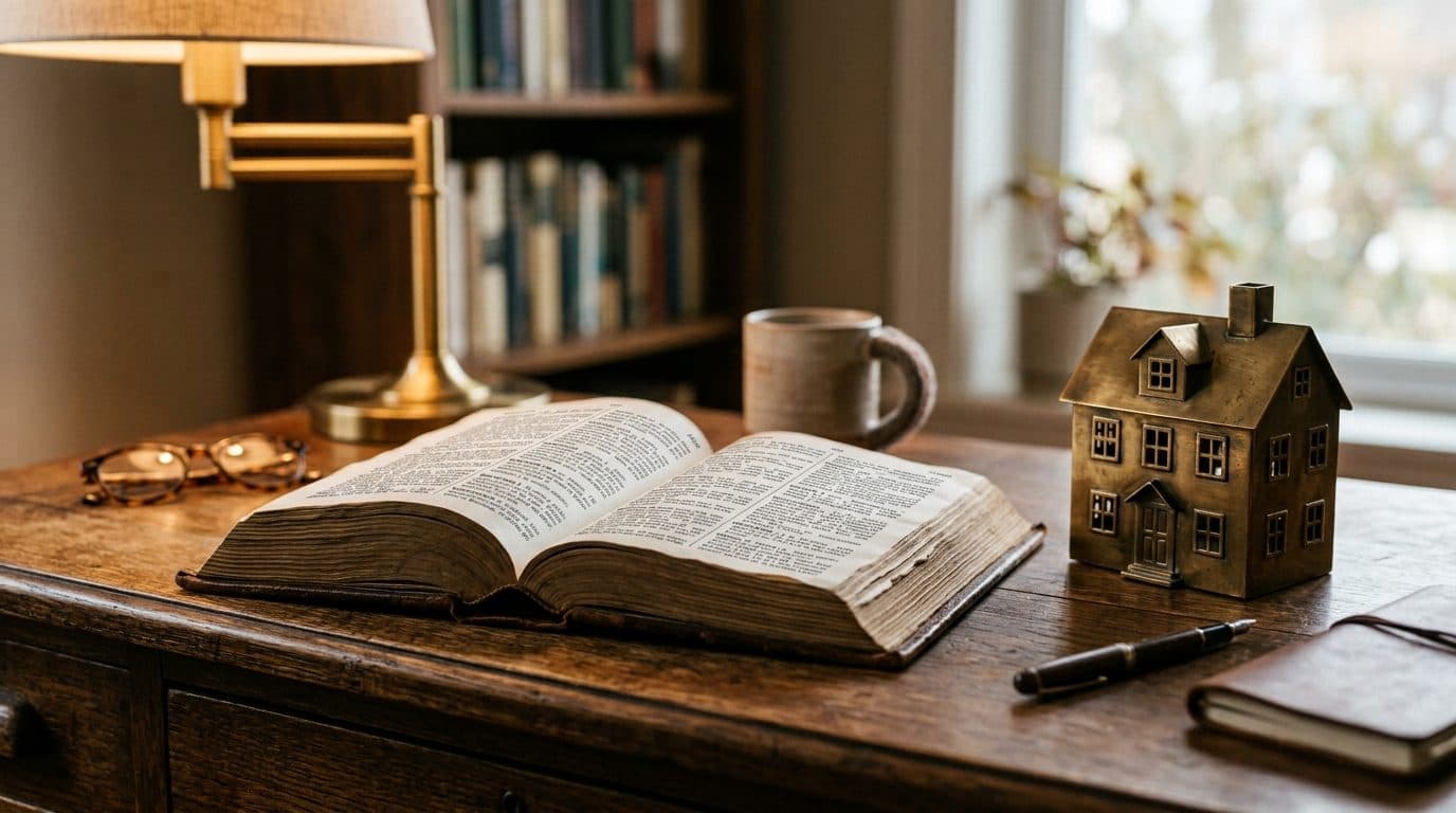 An open dictionary on a desk beside a small model house under warm reading light.