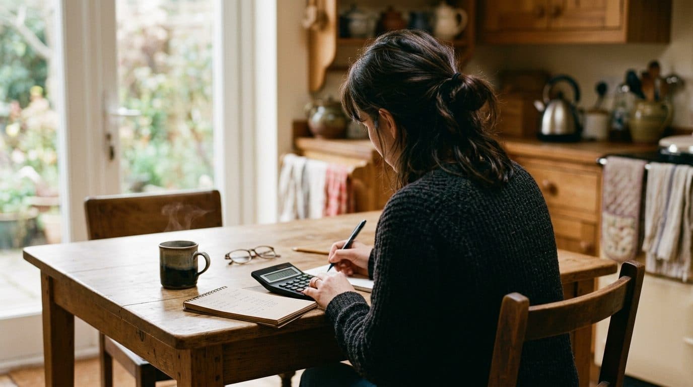 One person working through numbers alone at a kitchen table with a notebook and calculator.