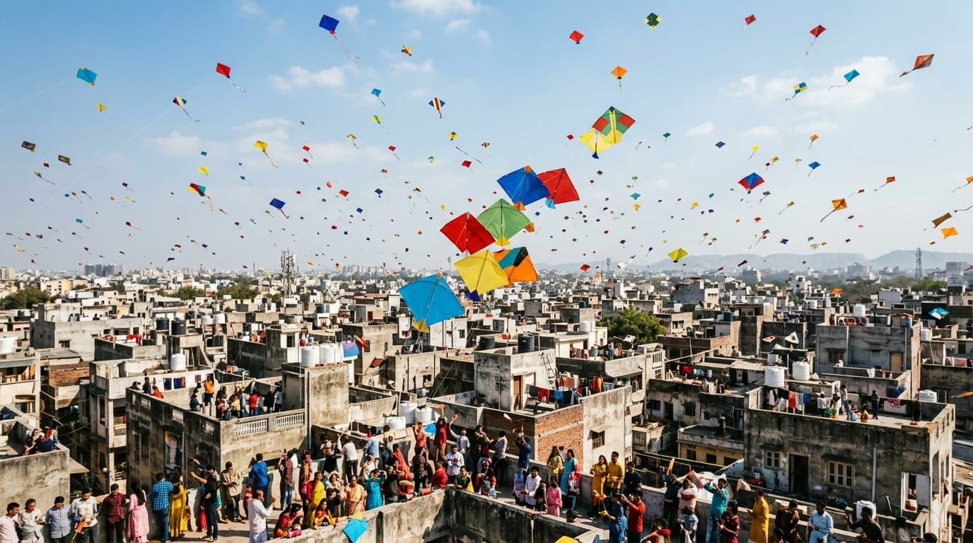 Kites filling the sky over rooftops in Gujarat during the Uttarayan kite festival.