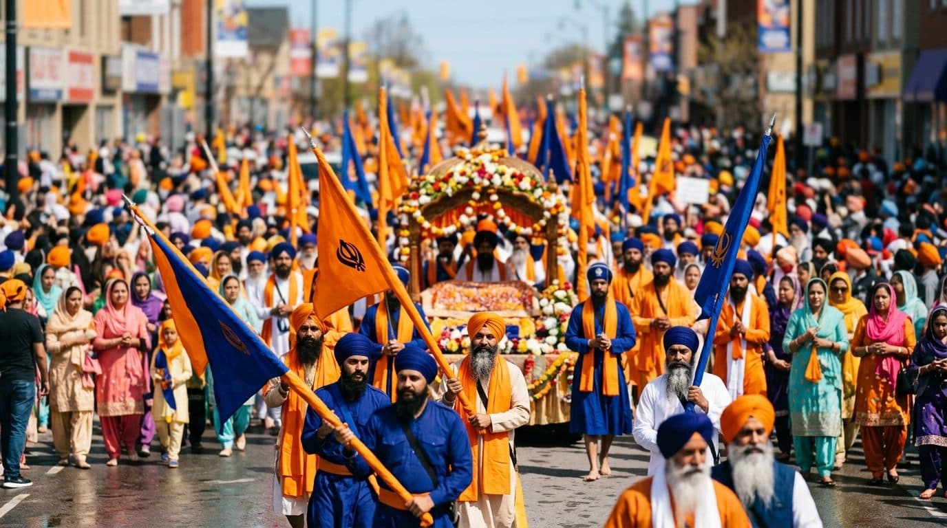 A Vaisakhi nagar kirtan procession with Nishan Sahib flags moving through a street.