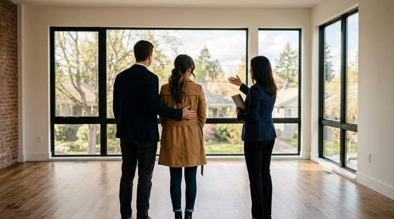 A couple viewing an empty living room with their real estate agent, seen from behind.